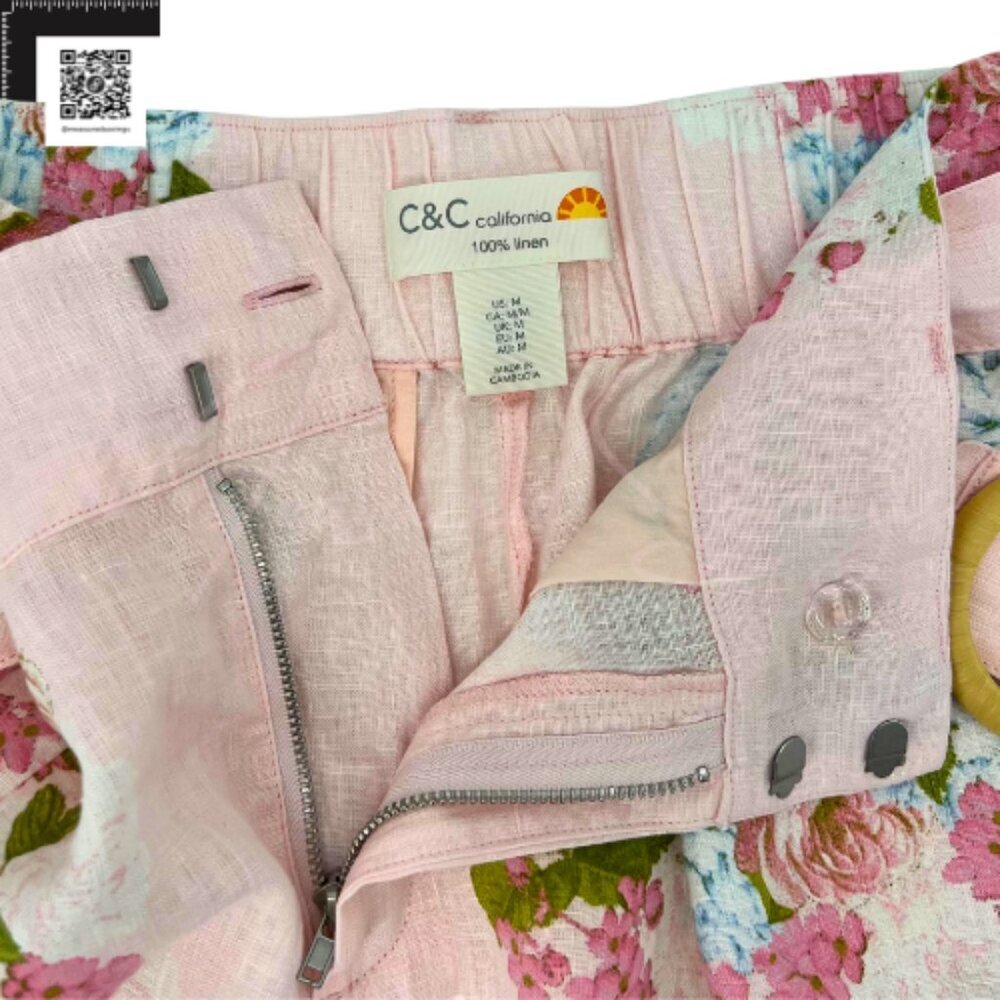 C&C California (NWT Medium)  Pink 100% Linen Belted Floral Shorts - 3" Inseam - Picture 6 of 9